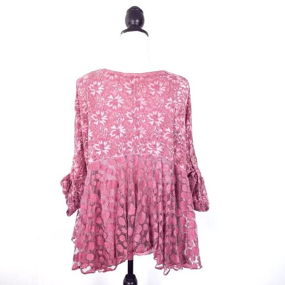 Kaktus Boho Romantic Lace Top With Roll Tab Sleeves Mauve Pink Size Medium - Picture 3 of 5